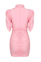 Ruched mock neck minidress with flower appliqué - View 21 | WEUXS