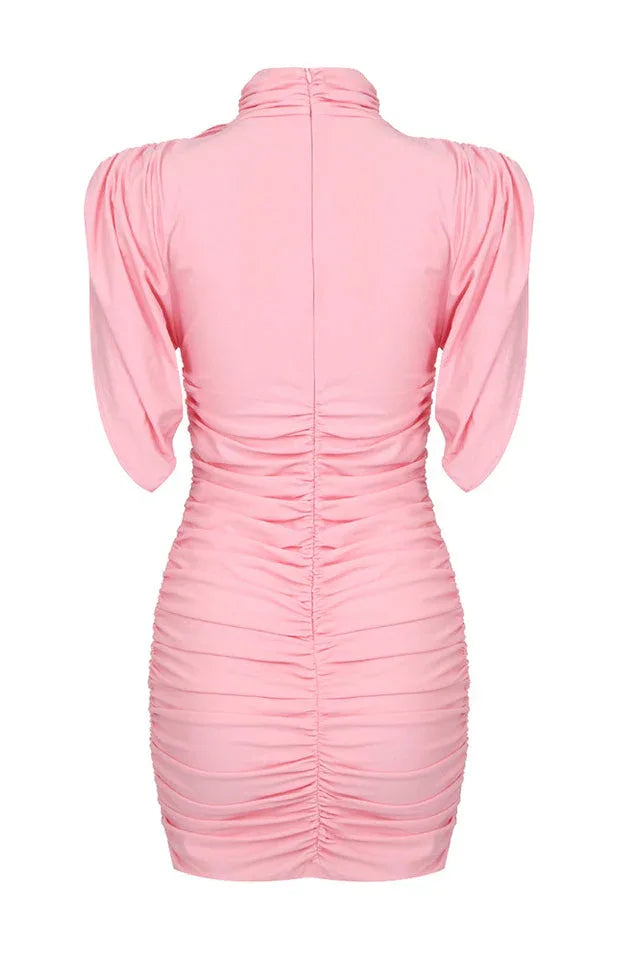 Ruched mock neck minidress with flower appliqué - View 21 | WEUXS