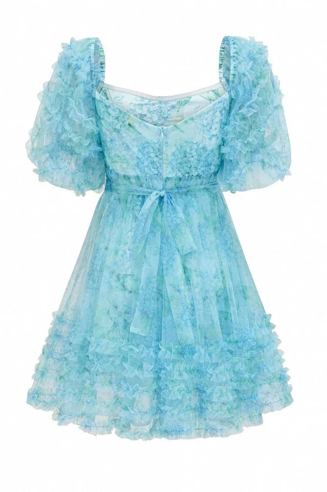 Floral print mini dress with puff sleeves and tiered ruffle hem - View 8 | WEUXS