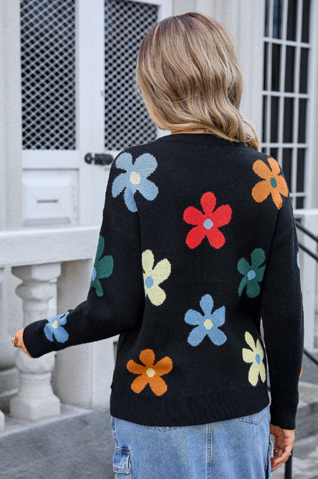Flower Round Neck Long Sleeve Sweater | Dress In Beauty
