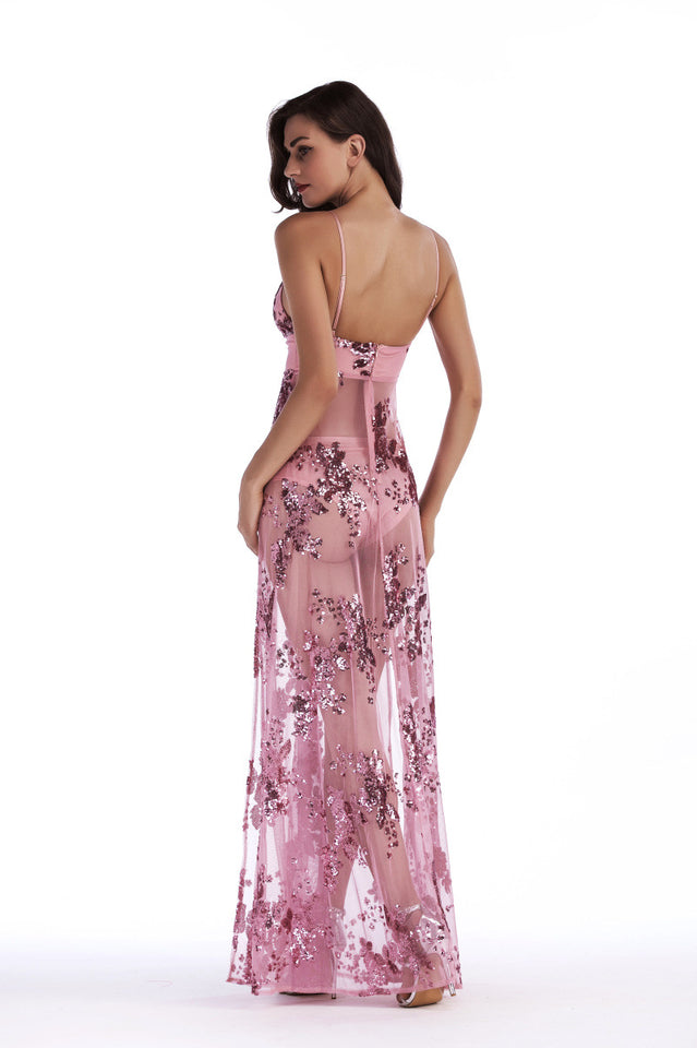 Sequined Sling Backless Split Dress - Dress In Beauty