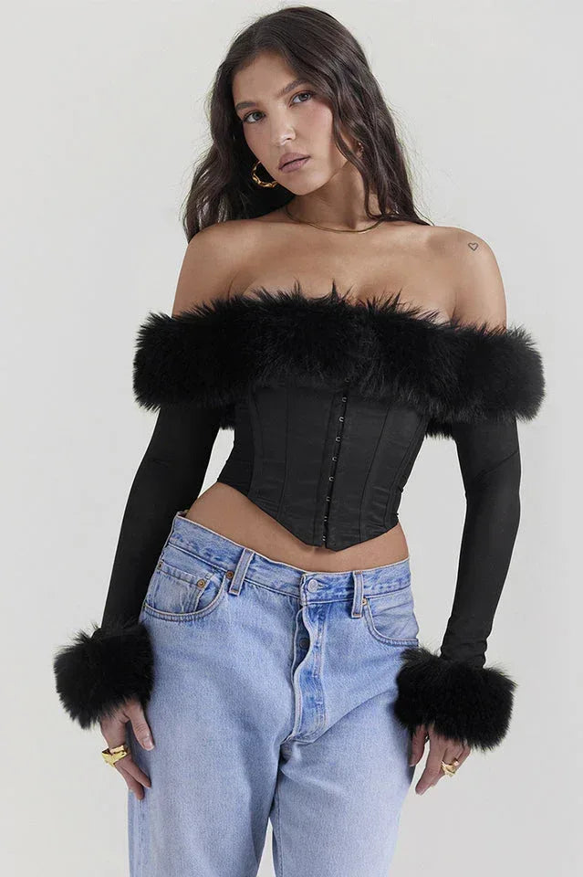 Black Faux Fur Trimmed Bustier Secondary image