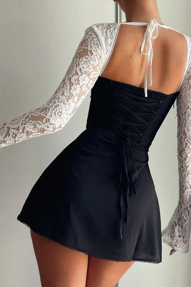 Lace Sleeve Mini Dress | Evening Fit and Flare Secondary image