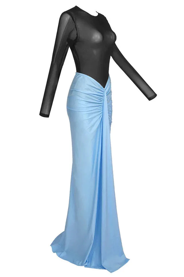 Woman wearing a blue ruched maxi skirt and black long sleeve bodysuit - View 16 | WEUXS