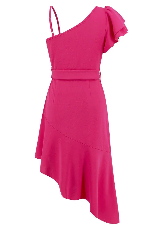 Asymmetrical neck dress with flutter sleeve - View 10 | WEUXS