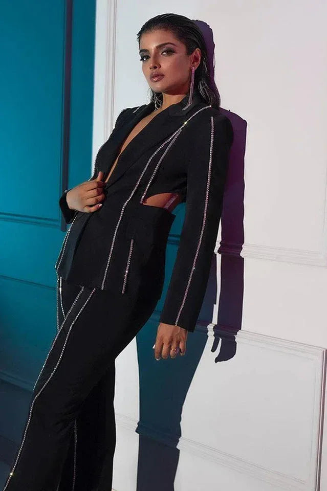 Women's black embellished blazer and flare pants set - View 15 | WEUXS