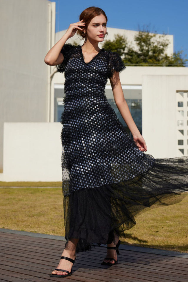 Sequin Layered Ruffle Tulle Maxi Dress | Dress In Beauty