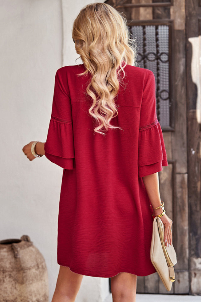 Notched Neck Flare Sleeve Pocket Dress | Dress In Beauty
