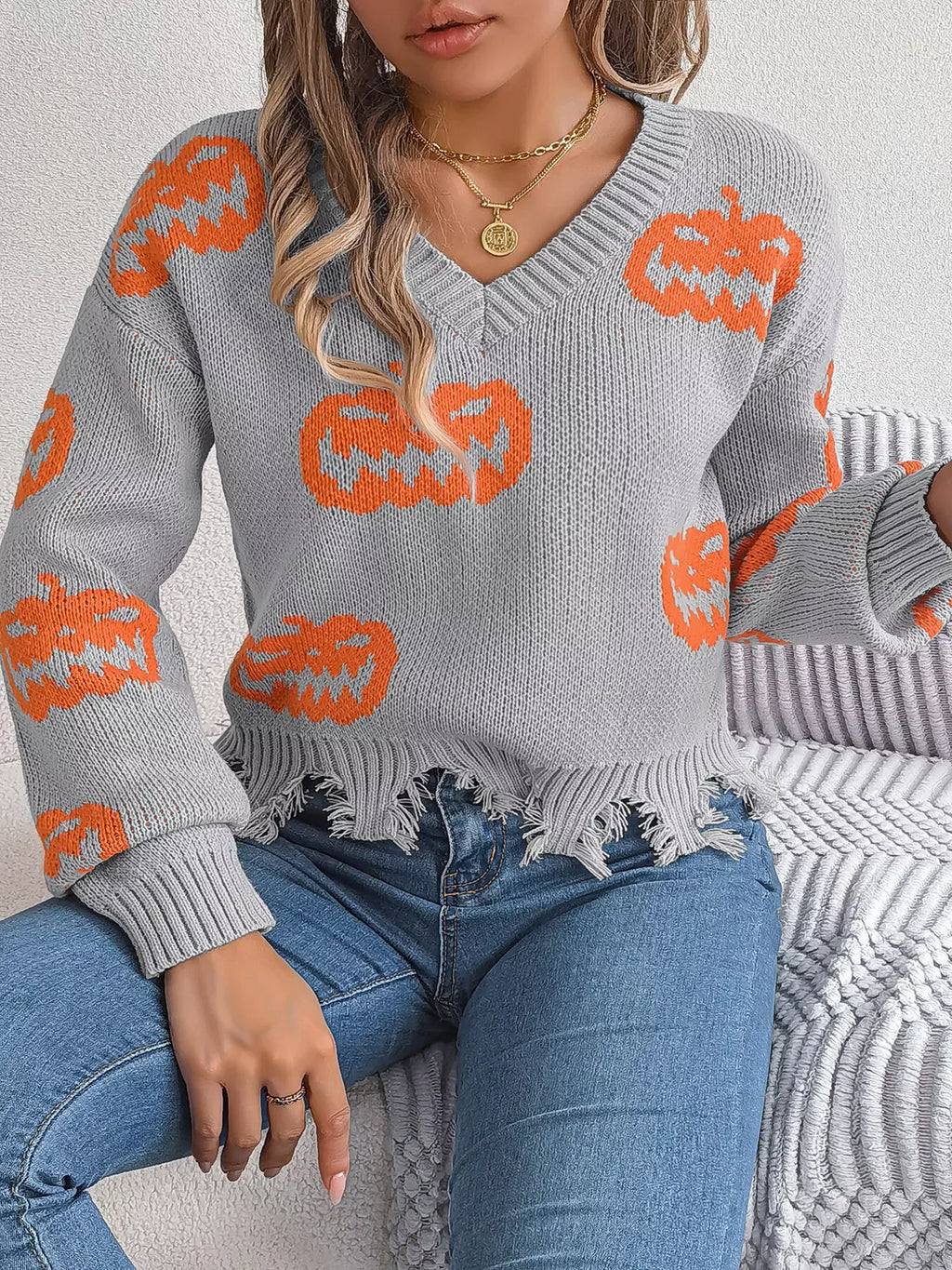 Edgy Distressed Pumpkin Knit Sweater - WEUXS