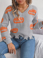Edgy Distressed Pumpkin Knit Sweater - WEUXS