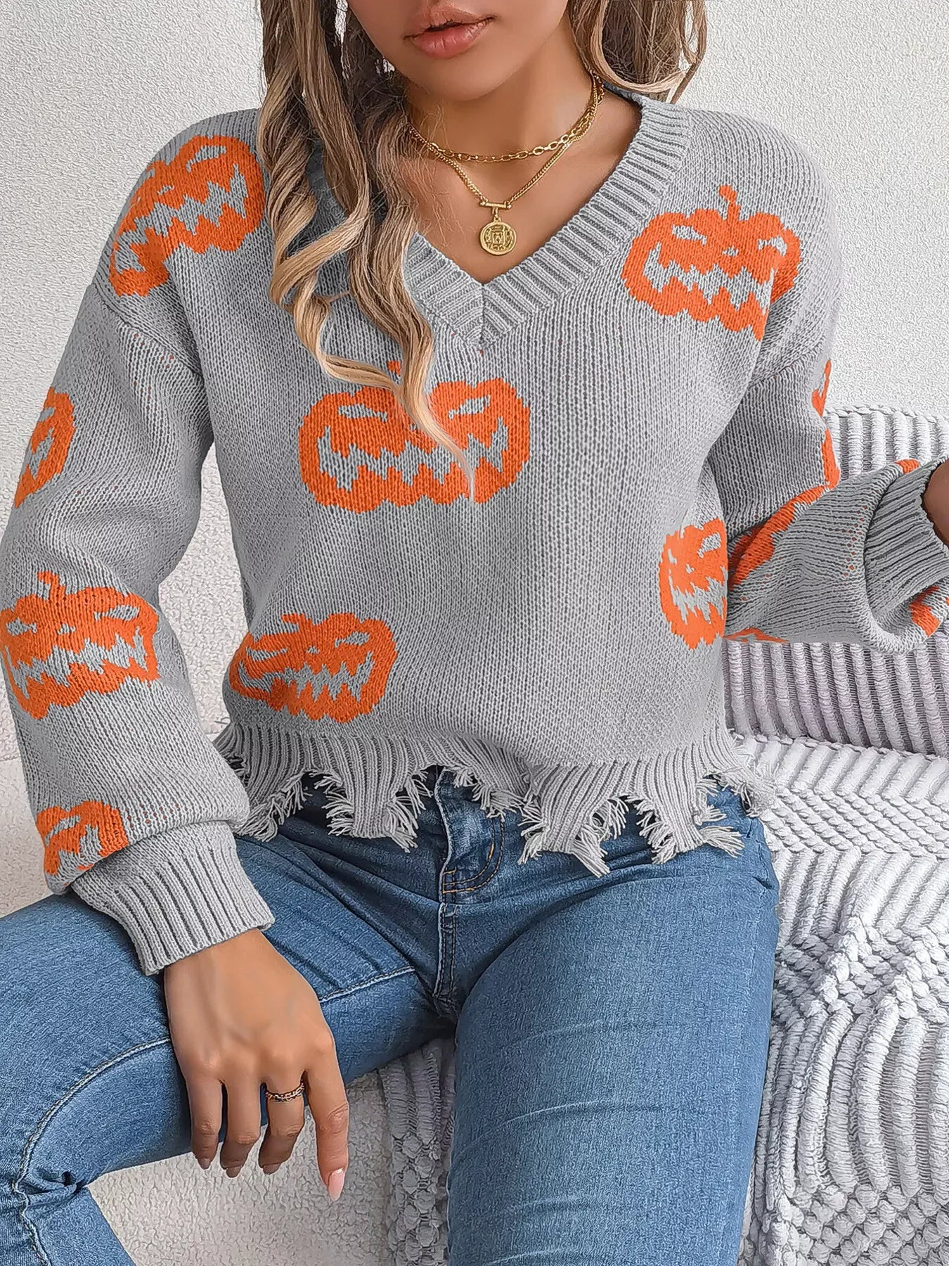 Edgy Distressed Pumpkin Knit Sweater - WEUXS