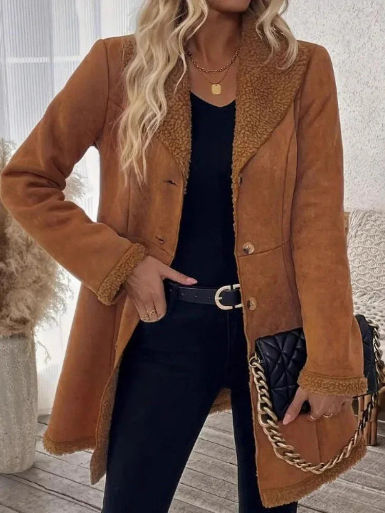 Vintage Chic Faux Suede & Shearling Mid-Length Coat - WEUXS