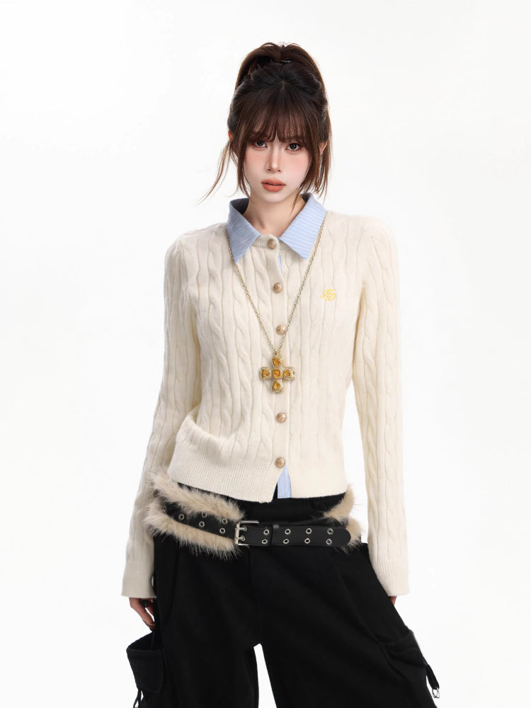 Cable knit contrast collar cardigan - View 6 | WEUXS