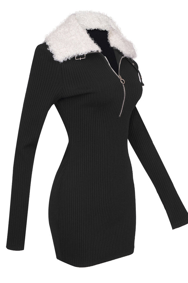 Fluffy Collared Zip Detailed Knit Dress | Dress In Beauty