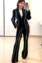 Women's black embellished blazer and flare pants set - View 16 | WEUXS