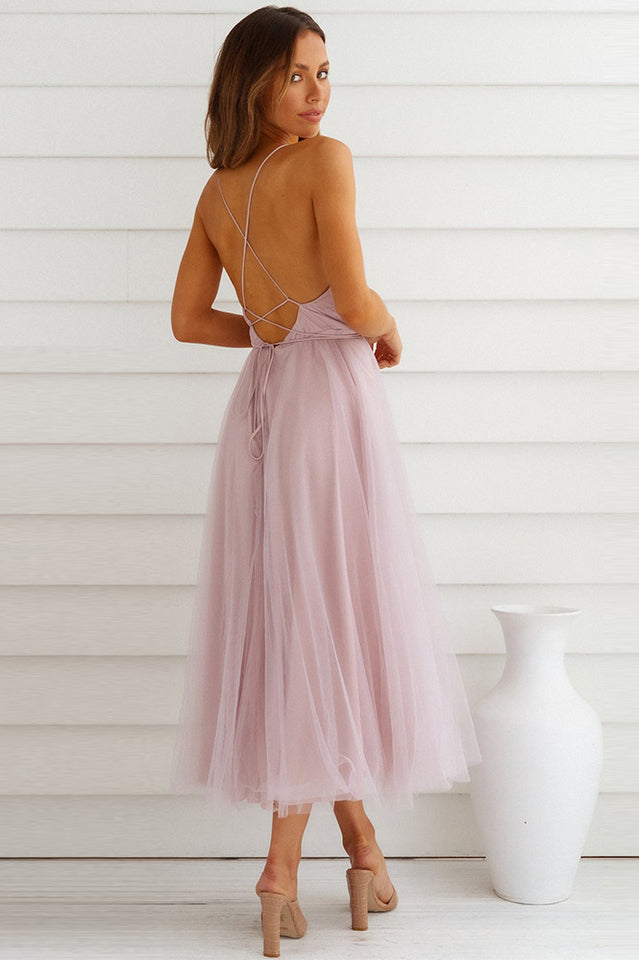 Plunging Neck Backless Mesh Midi Dress | Dress In Beauty