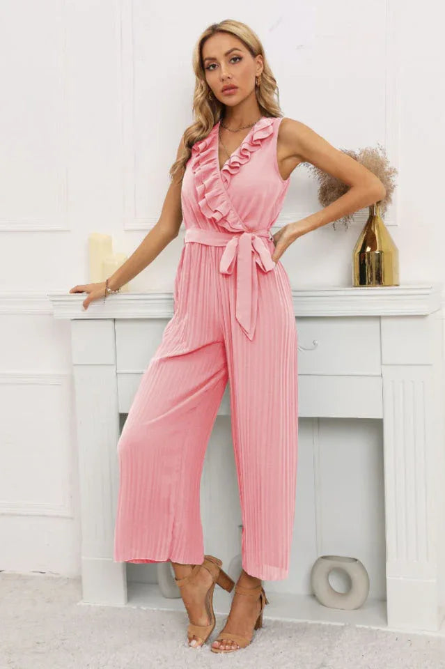 Calf length wide leg jumpsuit with ruffle neckline - View 10 | WEUXS