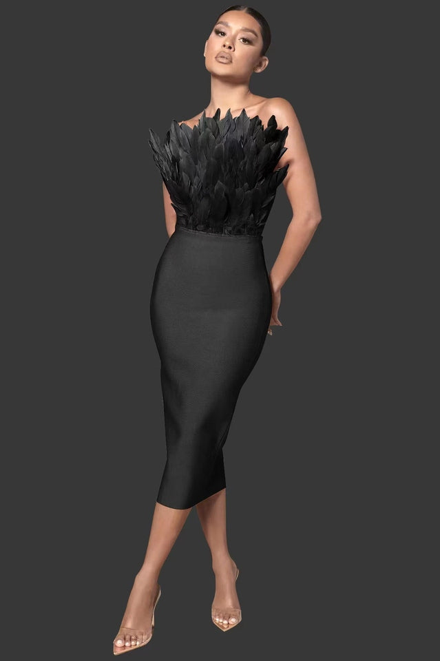 Parry Feather Strapless Midi Bandage Dress | Dress In Beauty
