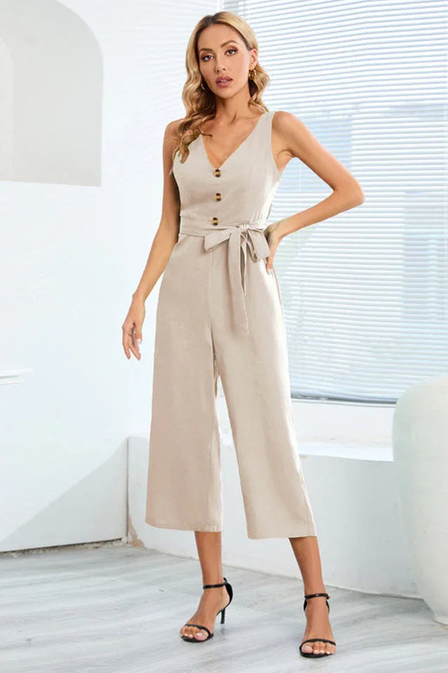 Wide leg jumpsuit with tie waist and back cutout - View 8 | WEUXS