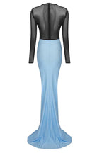Woman wearing a blue ruched maxi skirt and black long sleeve bodysuit - View 17 | WEUXS