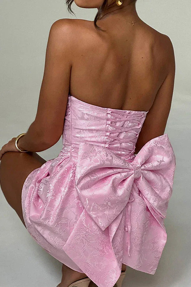 Jacquard Print Tube Back Bow Mini Dress - WEUXS