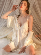 Embroidered Sheer Lace Satin Slip Dress - WEUXS