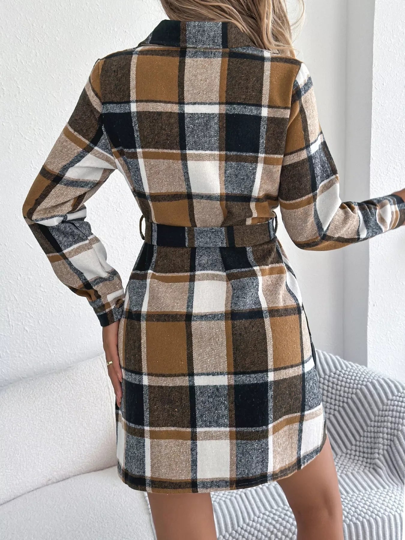 Green Plaid Belted Shirt Dress - View 9 | WEUXS