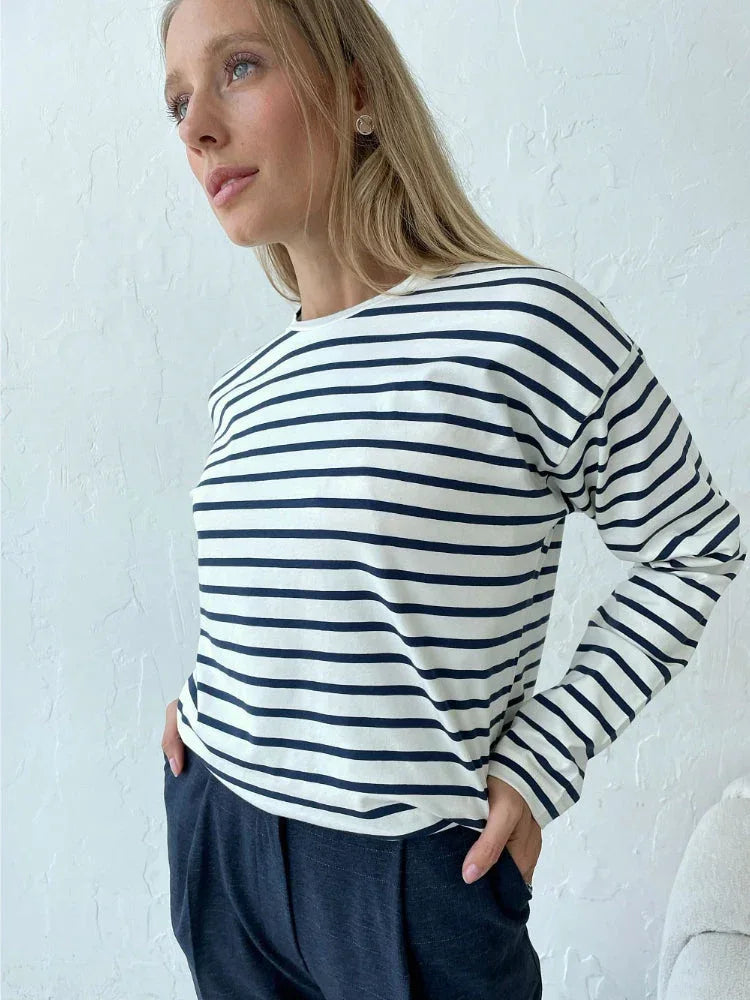 Classic striped long sleeve cotton t-shirt - View 8 | WEUXS