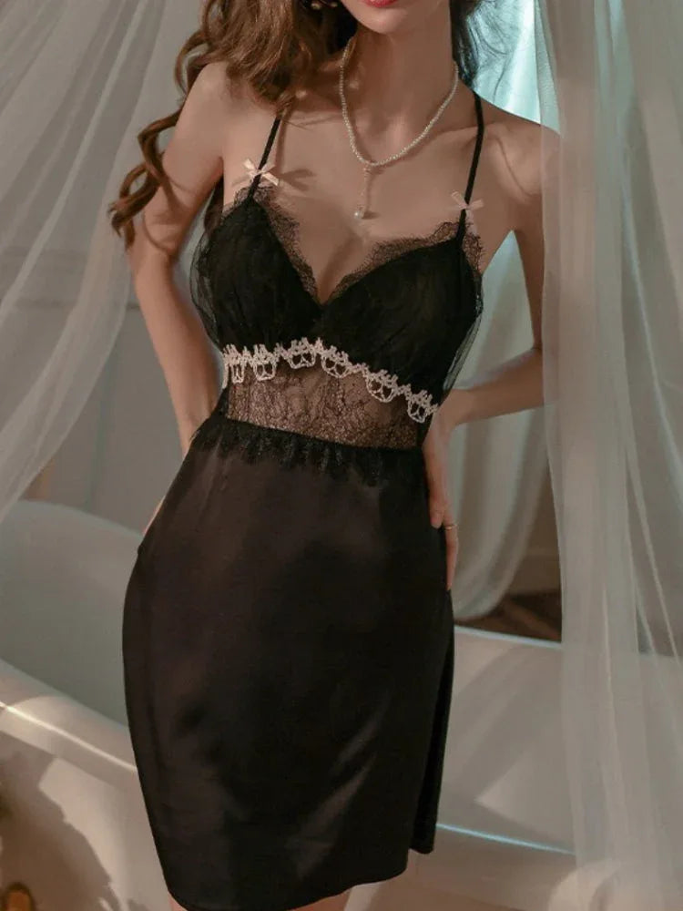 Close-up of the black lace and satin chemise