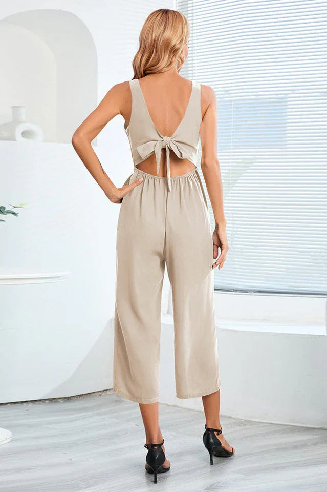 Wide leg jumpsuit with tie waist and back cutout - View 9 | WEUXS