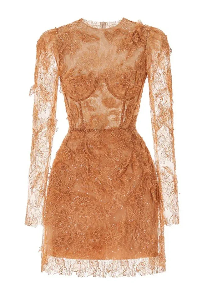 Embellished Lace Mini Dress with Puff Sleeves - View 6 | WEUXS
