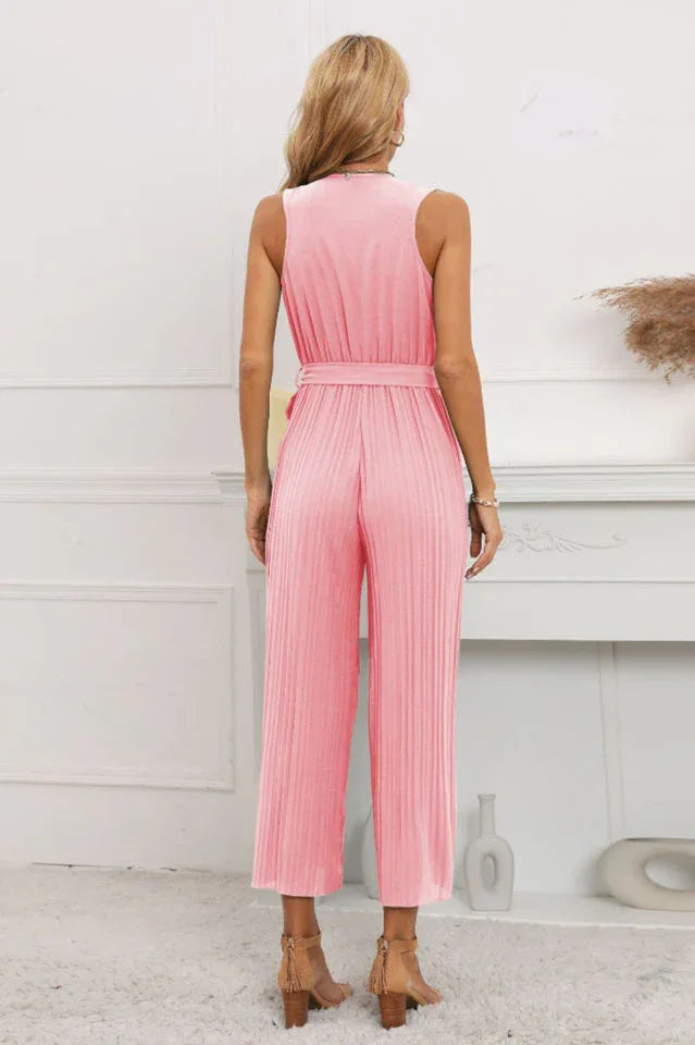 Calf length wide leg jumpsuit with ruffle neckline - View 12 | WEUXS