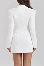 Back view of a white double-breasted blazer dress with a tailored silhouette.