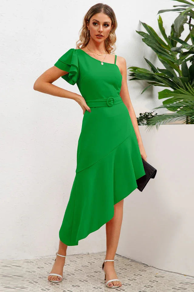 Asymmetrical neck dress with flutter sleeve - View 12 | WEUXS