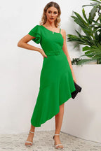 Asymmetrical neck dress with flutter sleeve - View 12 | WEUXS