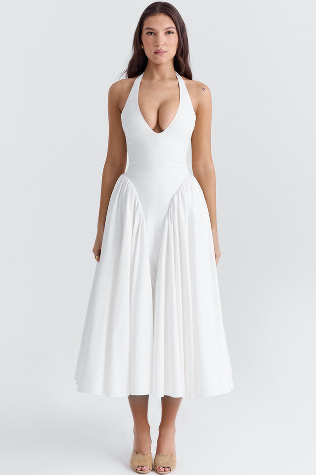 Marilyn White Cotton Halter Midi Sundress | Dress In Beauty