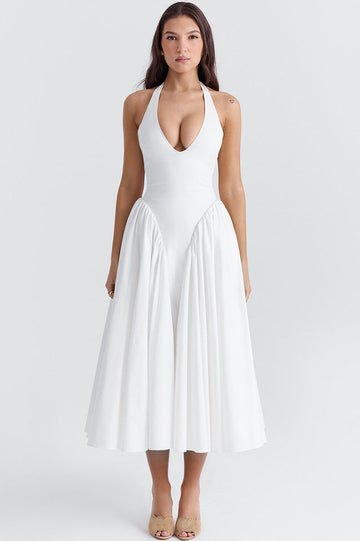 Marilyn White Cotton Halter Midi Sundress | Dress In Beauty