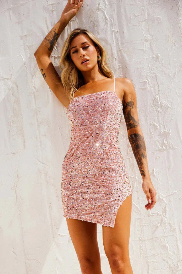 Sequin mini dress with asymmetrical hem - View 13 | WEUXS