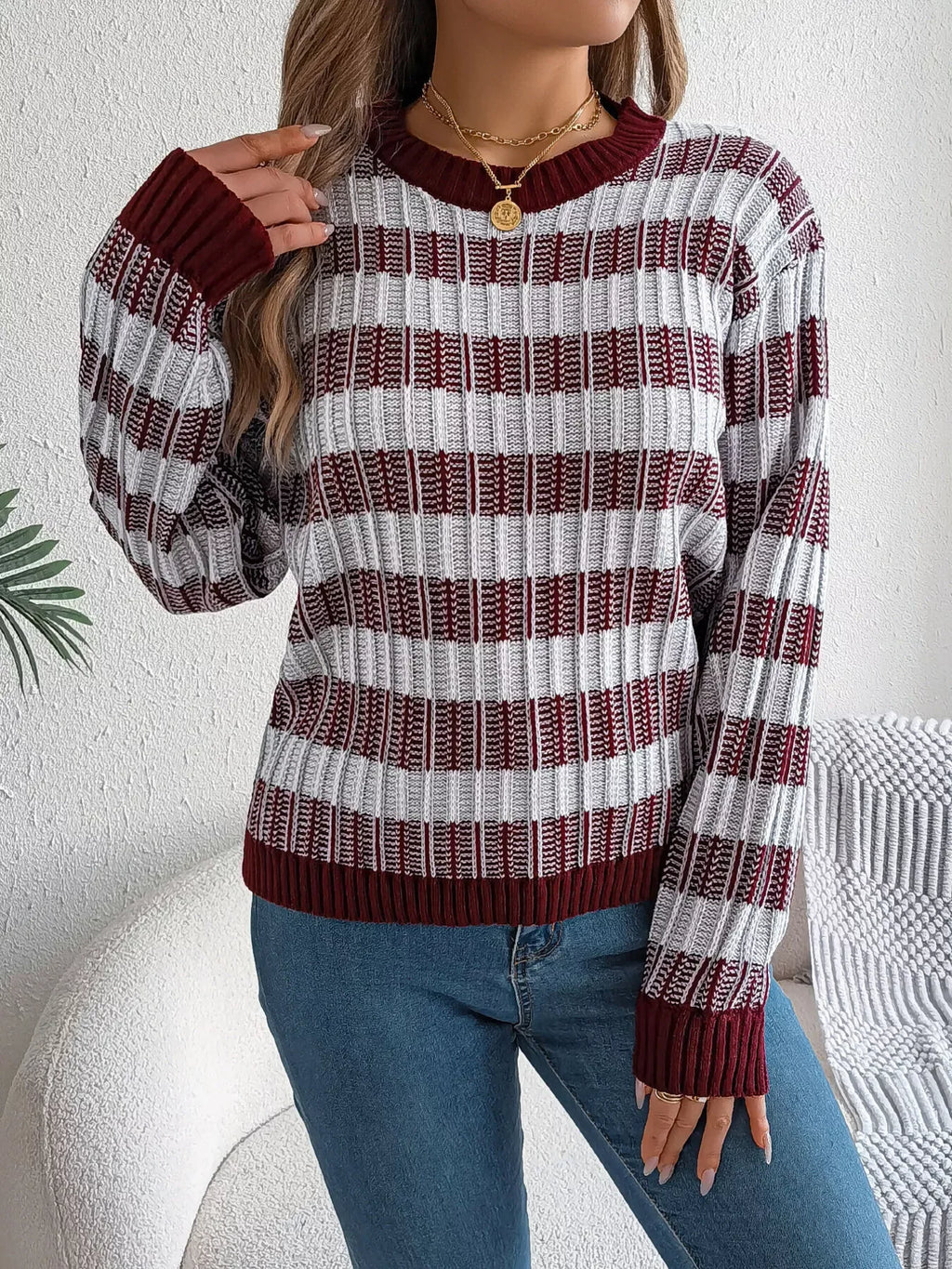 Vintage Lantern Sleeve Knit Sweater - Burgundy - WEUXS