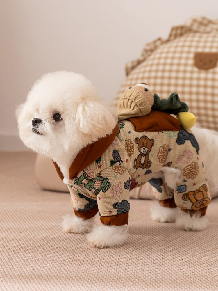 Yellow Graffiti Hooded Pet Jumpsuit with 3D Bear Doll - View 6 | WEUXS