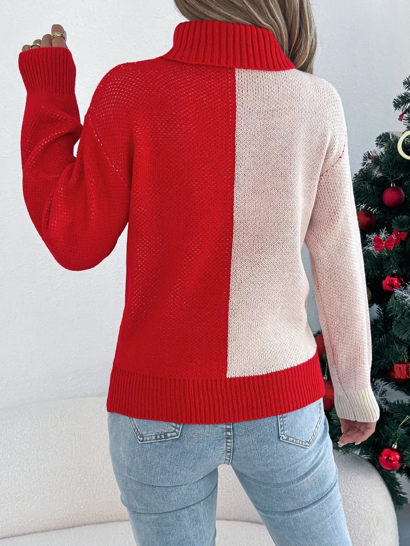 Woman wearing a green and cream color block reindeer turtleneck sweater - View 8 | WEUXS