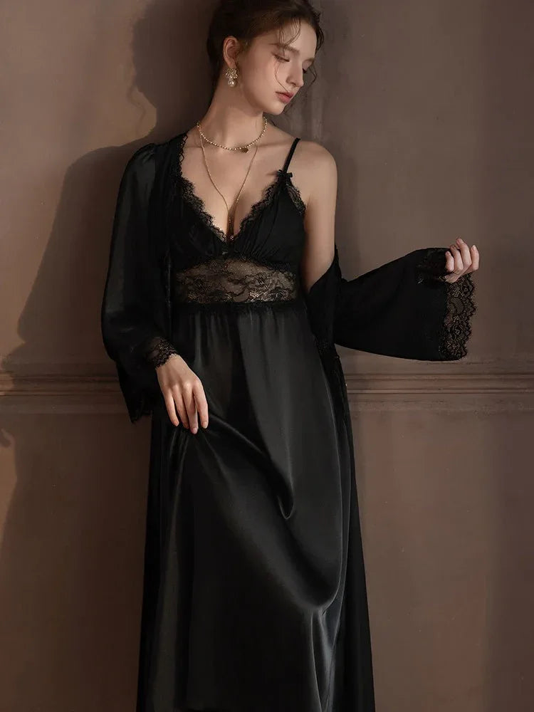 Satin lace robe and slip dress set - View 13 | WEUXS