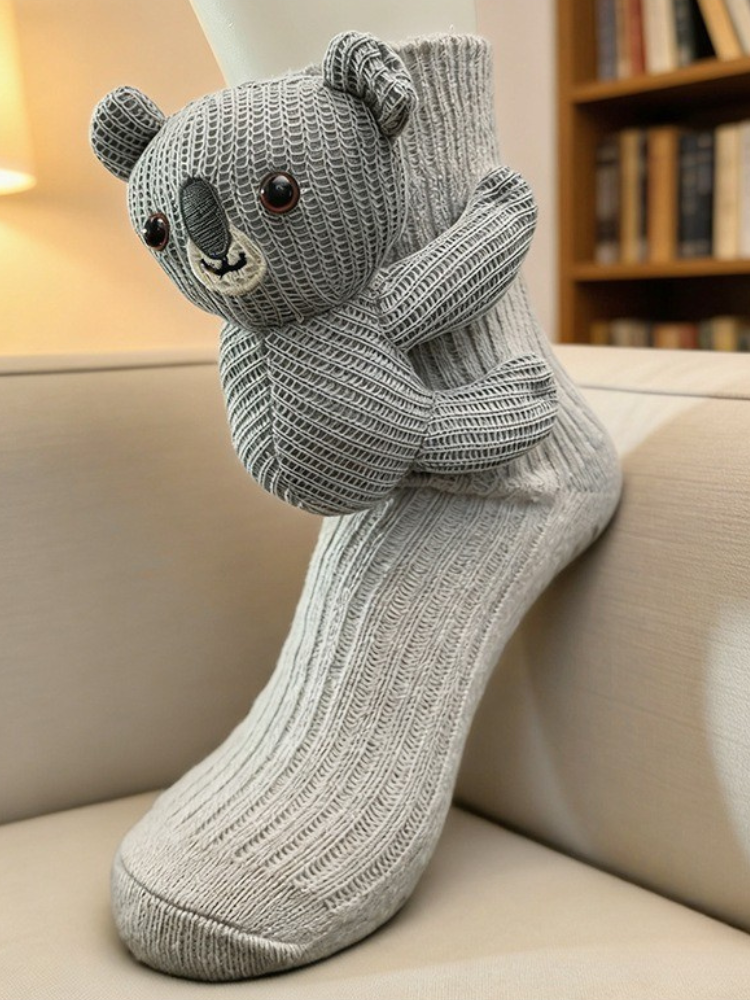 Gray knit ankle socks with a 3D koala applique on the side, shown on a mannequin leg. Main image