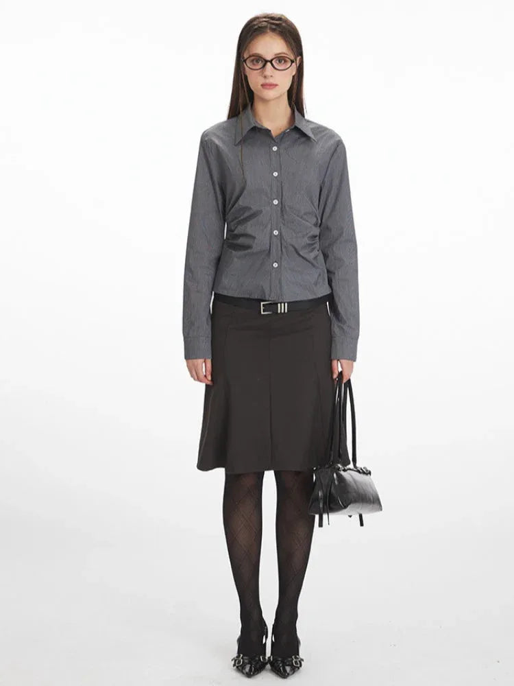 Office Siren Ruched Button Down Shirt - WEUXS