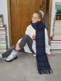 woman wearing black and grey plaid wool blend scarf - View 8 | WEUXS