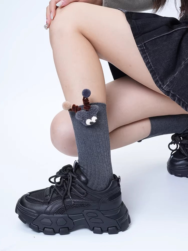 Khaki Ribbed Cotton Socks with Quirky 3D Monster Patch - View 7 | WEUXS
