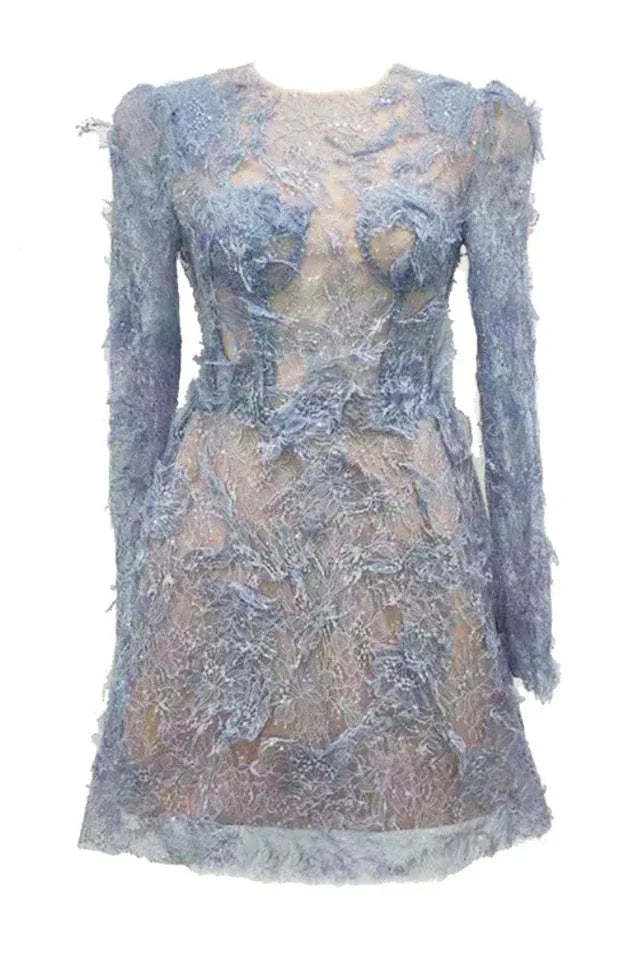 Embellished Lace Mini Dress with Puff Sleeves - View 7 | WEUXS