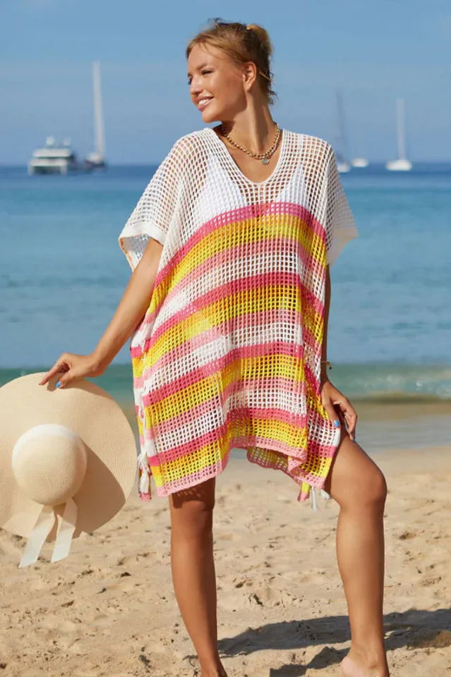 Rainbow Stripe Openwork Slit Cover Up - WEUXS