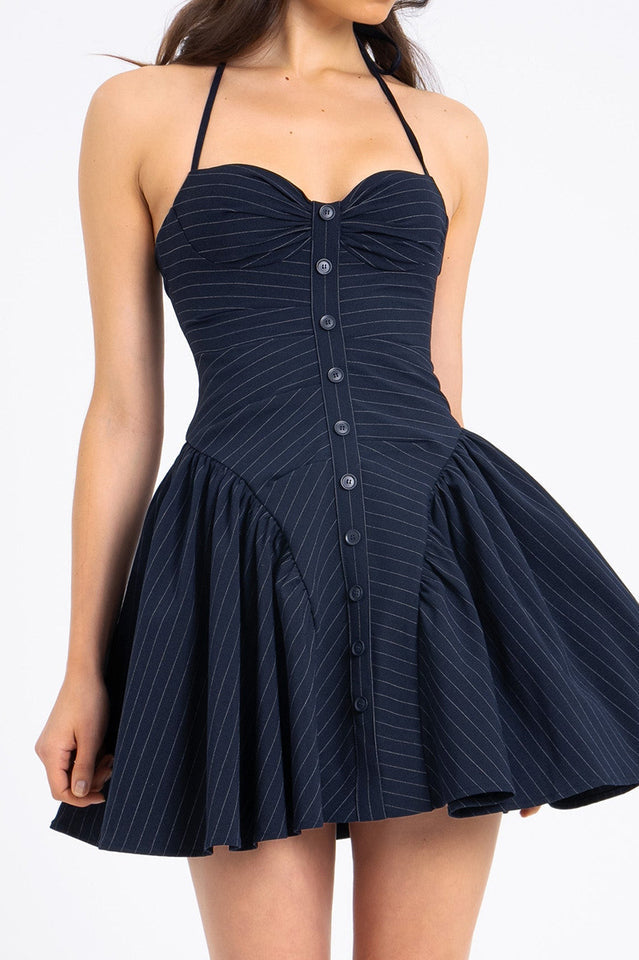 Melody Pinstripe Halter Drop Waist Mini Dress | Dress In Beauty