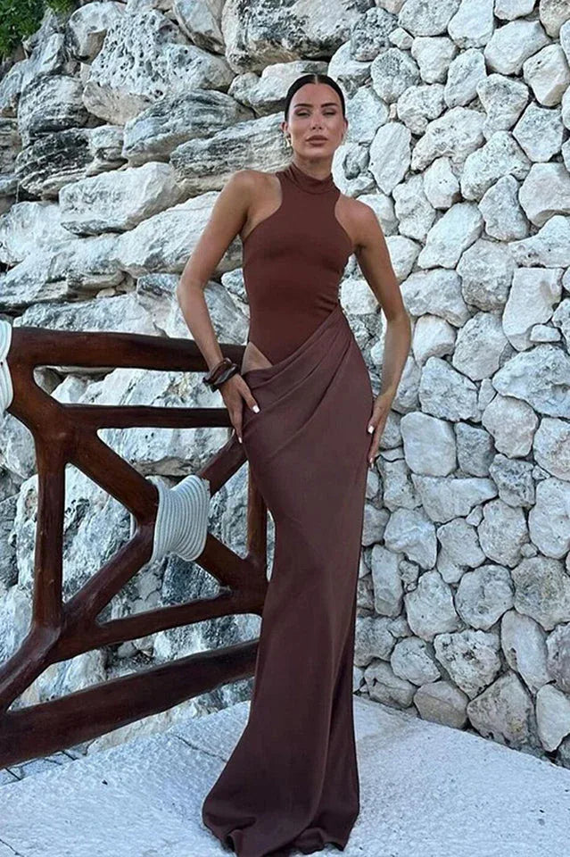 Asymmetrical Cut Out Maxi Dress in Coffee - View 15 | WEUXS